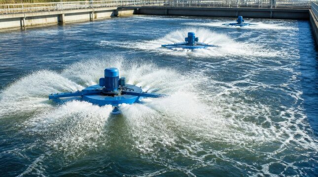 Wastewater treatment plant aerator machines purifying water in an open tank