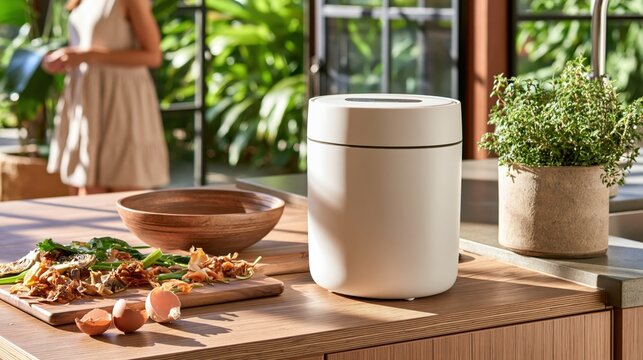 Countertop food composter sits beside kitchen scraps while woman stands behind