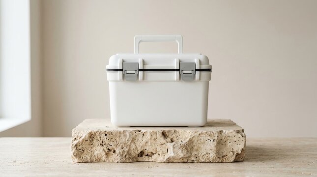 White plastic storage box with latches on a stone pedestal inside room