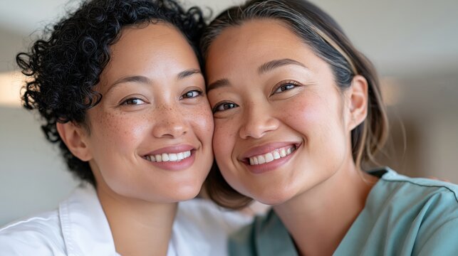 Two women with warm smiles leaning close together in a bright indoor setting