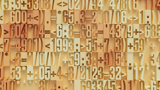 Textured Close-Up of Mosaic Pattern Featuring Variably Sized Numbers and Symbols in Warm Beige and Orange Tones, Ideal for Web Design, Graphic Design, and Creative Digital Projects