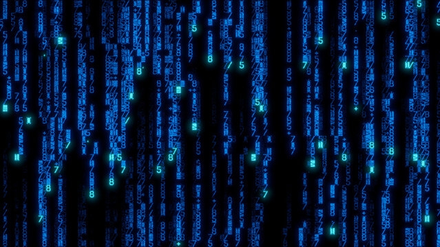 Futuristic abstract digital artwork depicting a dense array of illuminated blue and green binary code characters in a random pattern on a black background
