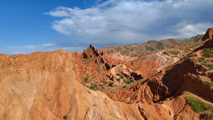 Obraz premium A canyon in Kyrgyzstan, a colorful sunset in the sky, a view from a drone