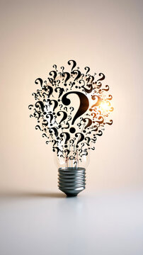A lightbulb composed of numerous black question marks symbolizes curiosity, ideas, and the quest for knowledge and innovation.