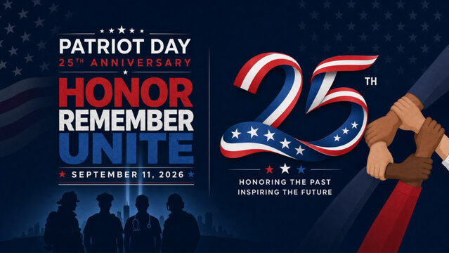 Patriot Day 25th anniversary memorial design for September 11, 2026, featuring Honor Remember Unite typography, patriotic stars and stripes, 25 years emblem, and symbolic silhouettes.