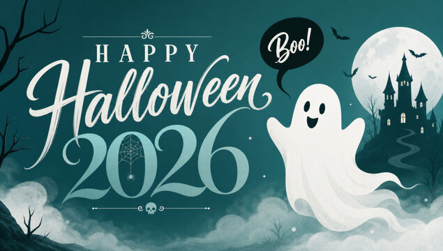 Whimsical Halloween 2026 greeting featuring a cute white ghost, glowing moon, haunted castle, flying bats, misty landscape, and elegant hand lettering in a dark teal atmosphere.