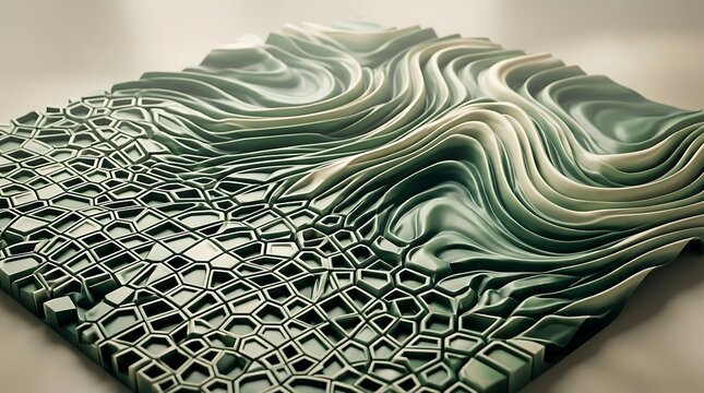 Abstract 3D topographic landscape, sage green wavy relief pattern, parametric architectural texture for modern interior design