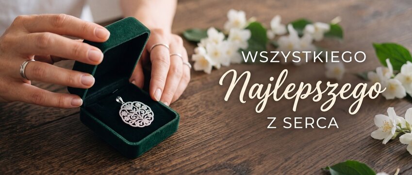 Silver pendant jewelry gift box opened by female hands with flowers, Polish greeting card message Wszystkiego Najlepszego z Serca, birthday or mother's day celebration background, elegant wooden table