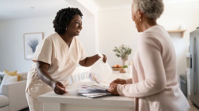 Young Black woman helping senior Caucasian lady with paperwork and documents at home kitchen counter