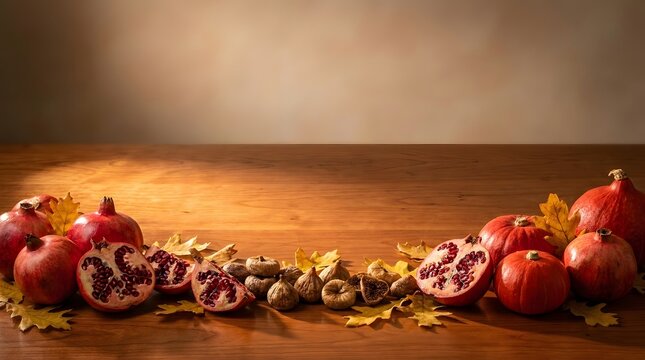Autumn harvest background with pomegranates figs and maple leaves on a rustic wooden table.