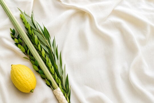 Minimal overhead arrangement of the traditional Four Species of Sukkot on elegant ivory linen.