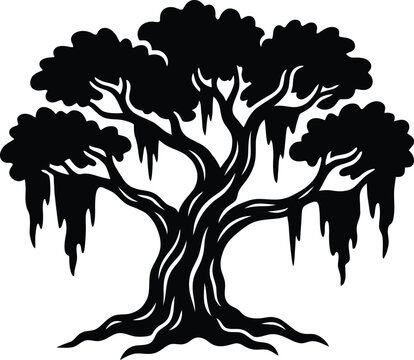 Southern Live Oak Tree with Spanish Moss Silhouette &ndash; Majestic Coastal Oak Nature Icon, Black Cutout Southern Landscape Vector, Isolated on White