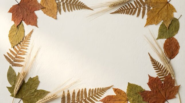 Autumn harvest frame of dried leaves and golden wheat stalks on white background for seasonal invitations and card templates.