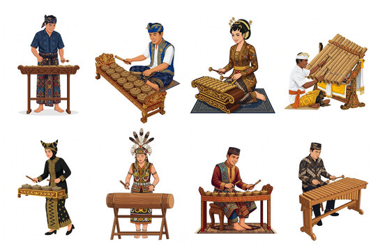 Indonesian Music Performers Playing Traditional Gamelan and Folk Instruments Depicting Cultural Diversity