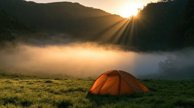Orange Tent Bathed in Golden Sunrise Rays Amidst Misty Mountains.