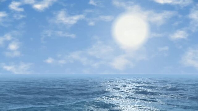 Cartoon Red and White Striped Blimp Flying Over Blue Ocean