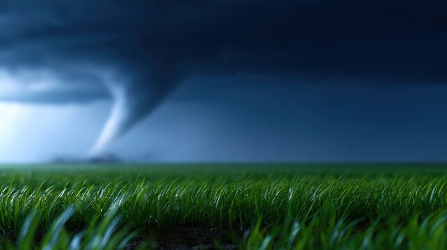Dark storm clouds loom as a tornado spins above a vibrant green field