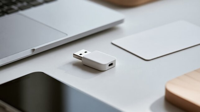 Small white USB flash storage device on modern desk beside laptop