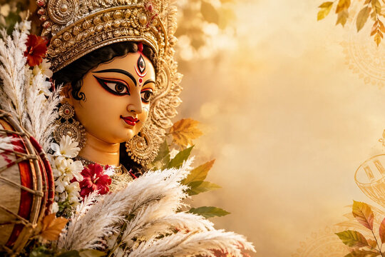 Elegant Goddess Durga Mahalaya Greeting Card with Bengali Autumn Festive Flowers, Kash Grass and Warm Golden Light