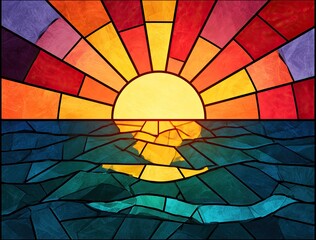 Fototapeta premium Vibrant Stained Glass Sunrise Over Reflecting Ocean Waves.
