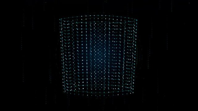 Digital database cylinder wireframe spinning against a black background with falling matrix code particles