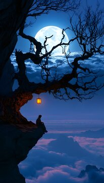 Lonely person sits on a jagged cliff watching a giant moon rise over clouds in a mystical night scene