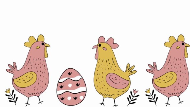 Cheerful hand-drawn animation featuring cute yellow and pink chickens alongside decorated Easter eggs and small botanical accents on a clean white background. 