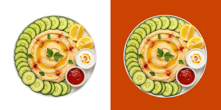 Middle Eastern Hummus Platter with Sliced Cucumbers and Fresh Lemon Wedges transparent png