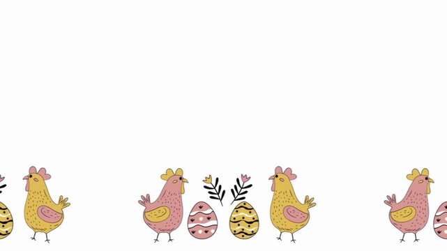 Cheerful hand-drawn animation featuring cute yellow and pink chickens alongside decorated Easter eggs and small botanical accents on a clean white background. 