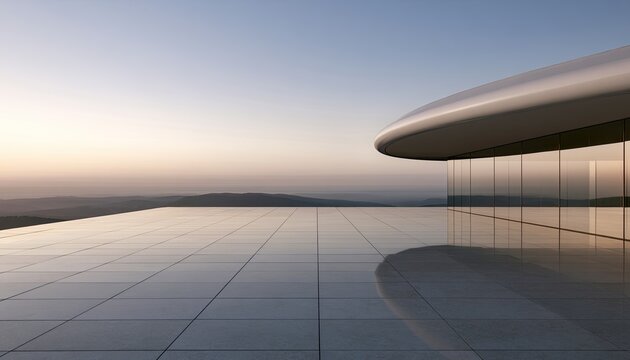 Modern Architectural Building with Reflective Surface at Sunset.