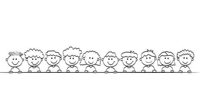 Playful hand drawn animation of a diverse group of children sitting behind a large blank board, with simple black outline illustration and generous copy space. Ideal for children's education.