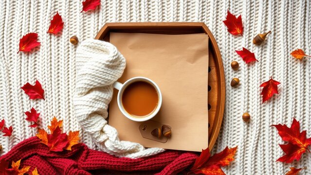 Cozy autumn scene. Coffee, book, leaves, nuts rest on textured blanket within wooden tray. Warm tones dominate composition.