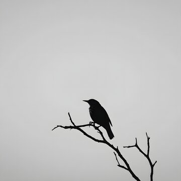Black bird silhouette perched on a bare branch against a soft gray sky, minimalist monochrome nature scene with dramatic contrast, solitude, freedom and copy space