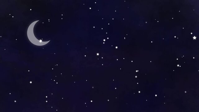 Atmospheric vertical night sky animation featuring a crescent moon and numerous glowing white stars against a deep blue watercolor-like background.