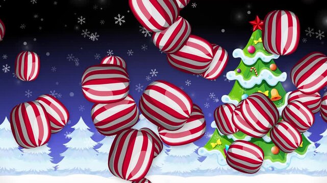 Animated Peppermint Candy Falling Over Snowy Winter Forest Background