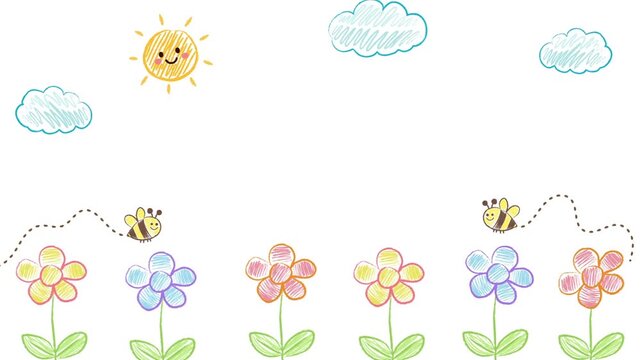 Charming childlike spring animation featuring colorful hand-drawn flowers, smiling sunshine, soft clouds, and playful bees flying among the blossoms.