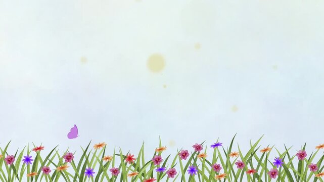 Peaceful animated spring meadow featuring fresh green grass, colorful wildflowers, soft pastel sky, and warm sunlight effects. The spacious landscape provides generous copy space for seasonal greeting