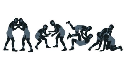 Obraz premium Professional wrestlers demonstrating dynamic grappling moves and athletic combat techniques in flat vector style illustration isolated on pure white background