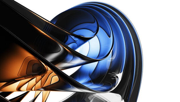 Futuristic 3D abstract background with glossy spiral glass waves. Neon transparent layered effect with metallic blue and warm copper gradient. Dynamic high-tech structure on dark bg