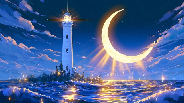 Majestic White Lighthouse Under a Glowing Crescent Moon in a Dreamy Anime Style Coastal Landscape