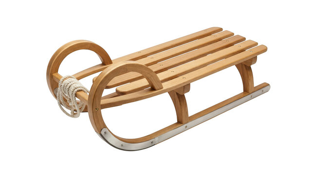 Classic wooden sled with metal runners for winter snow activities isolated on transparent background