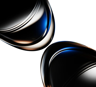 Futuristic 3D abstract background with metallic neon liquid glass curve shapes reflecting blue gold light highlights on dark backdrop for modern tech, innovation and premium design