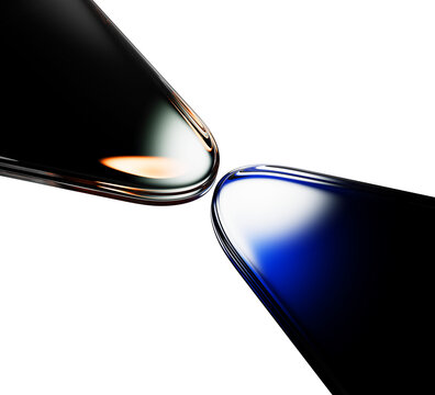 Abstract liquid glass 3D shapes touching on dark background. Futuristic neon blue and orange green light reflections. Premium tech aesthetic, modern digital wallpaper and presentation