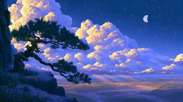 Ethereal anime landscape of an ancient pine on a rocky cliff under a moonlit twilight sky