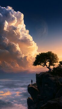 Lone Silhouette Watching a Massive Moon Rise Over a Dreamy Sunset Valley Under Golden Clouds