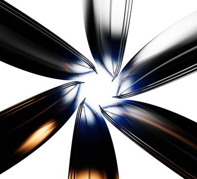 Neon liquid glass circle pattern. Metal and crystal blades, dark blue and gold bronze gradient, abstract black 3d background. Graphic circular array effect, luminous translucent frame