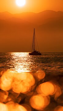 Serene sailboat silhouette against a glowing orange sunset over mountains and golden ocean waves