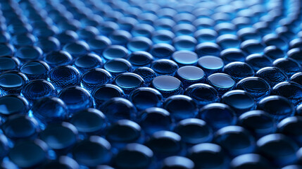 Fototapeta premium A repeating pattern of glowing blue glass spheres under soft light. This abstract background represents innovation and futuristic technology concepts.