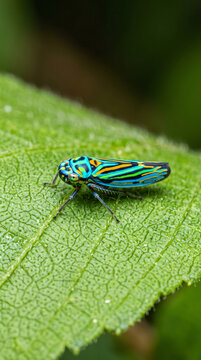 A vibrant blue and green leafhopper insect resting on a textured green leaf.