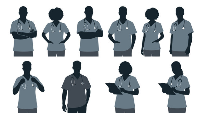 Diverse group of professional medical doctors wearing scrubs and stethoscopes isolated on a white background in flat vector illustration style